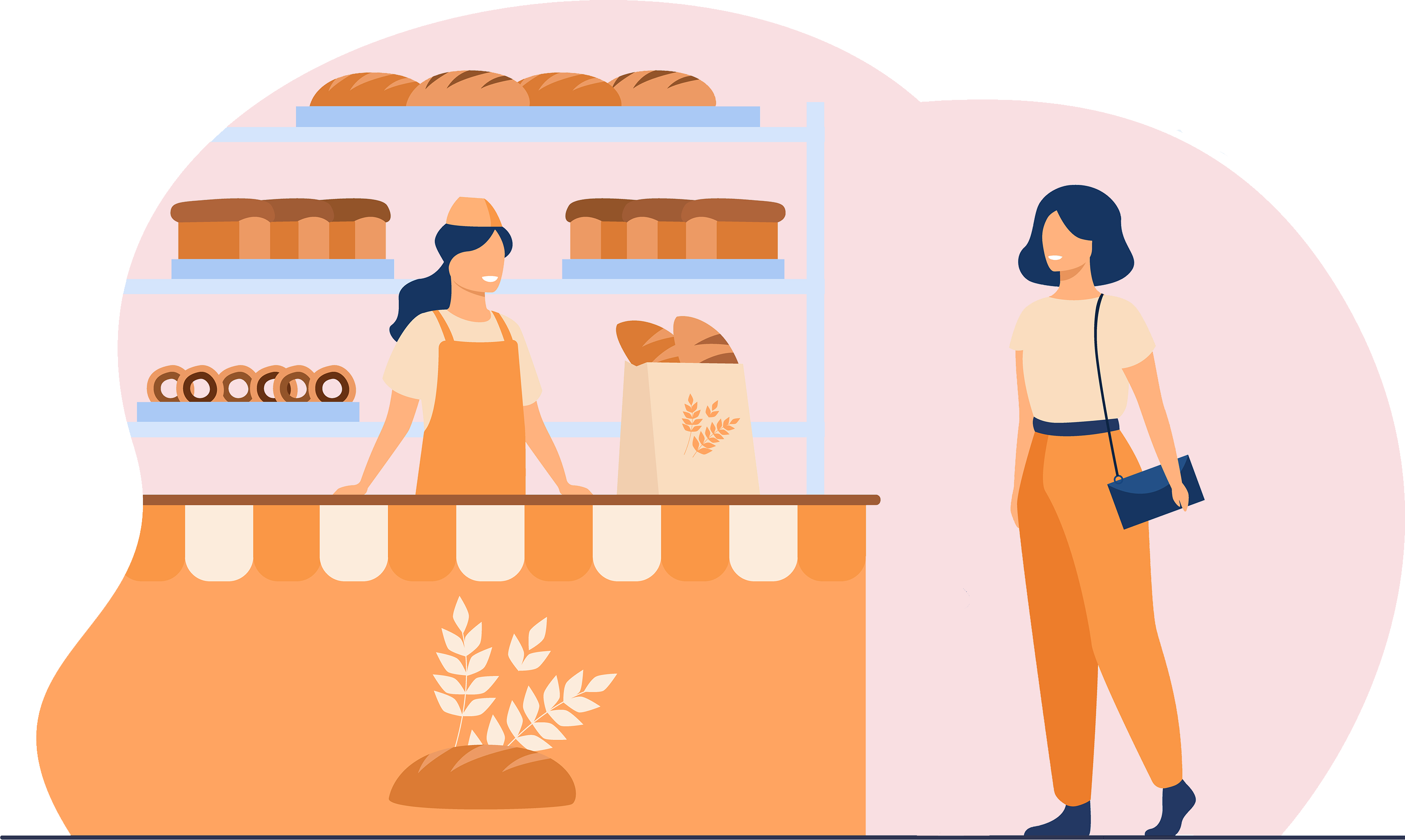 Illustration d'une femme qui récupére un gateau dans une boulangerie