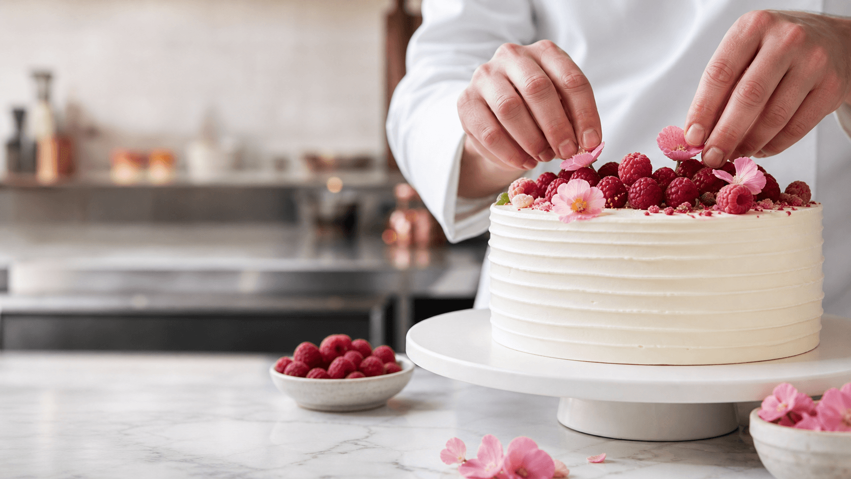 Pâtissier décorant à la main un gâteau aux framboises